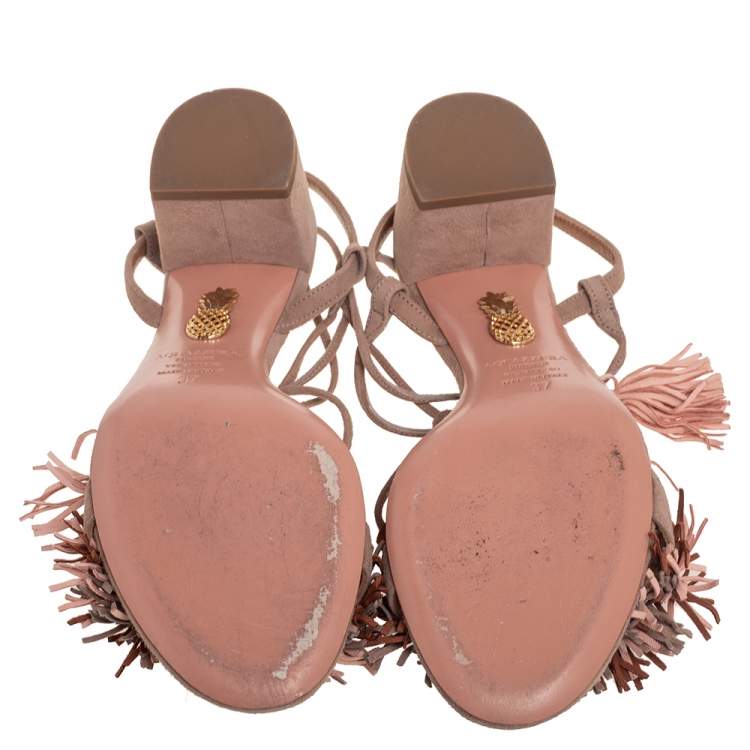 Pre Owned Aquazzura Beige Suede Wild Thing Fringe Ankle Wrap Sandals Size 37