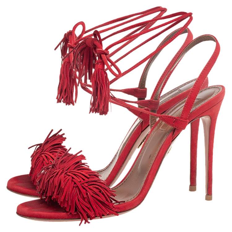Pre Owned Aquazzura Red Fringed Suede Wild Thing Ankle Wrap Sandals Size 37
