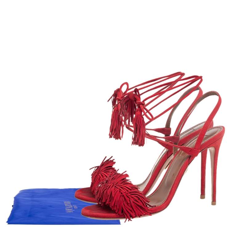 Pre Owned Aquazzura Red Fringed Suede Wild Thing Ankle Wrap Sandals Size 37