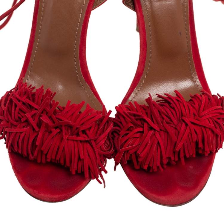 Pre Owned Aquazzura Red Fringed Suede Wild Thing Ankle Wrap Sandals Size 37