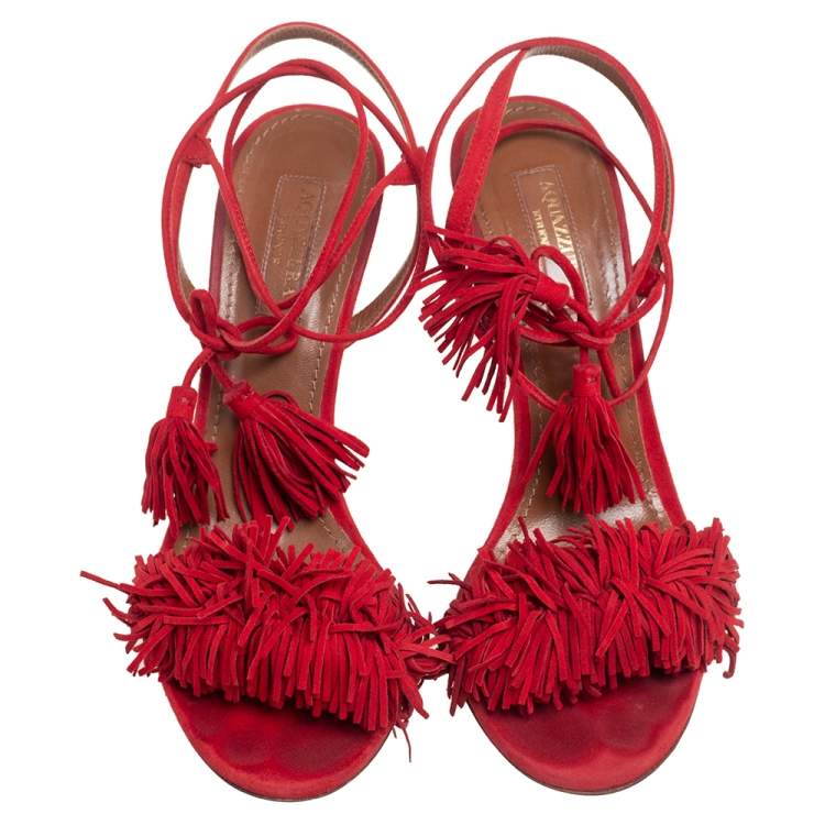 Pre Owned Aquazzura Red Fringed Suede Wild Thing Ankle Wrap Sandals Size 37