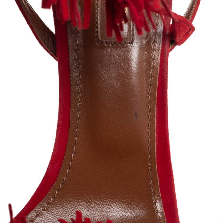 Pre Owned Aquazzura Red Fringed Suede Wild Thing Ankle Wrap Sandals Size 37