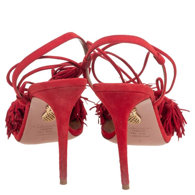Pre Owned Aquazzura Red Fringed Suede Wild Thing Ankle Wrap Sandals Size 37