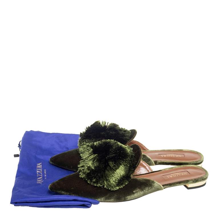 Pre Owned Aquazzura Dark Green Velvet Powder Puff Mule Sandals Size 38
