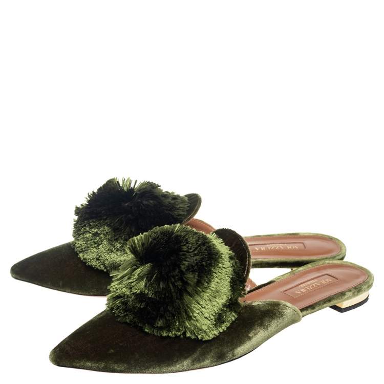 Pre Owned Aquazzura Dark Green Velvet Powder Puff Mule Sandals Size 38