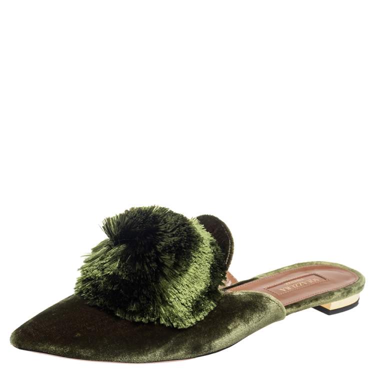 Pre Owned Aquazzura Dark Green Velvet Powder Puff Mule Sandals Size 38