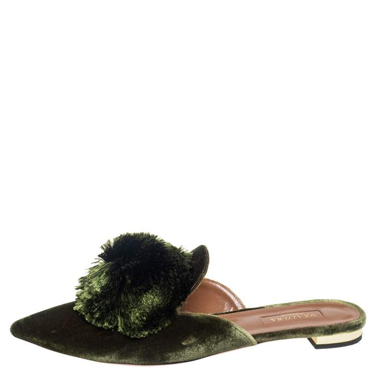 Pre Owned Aquazzura Dark Green Velvet Powder Puff Mule Sandals Size 38
