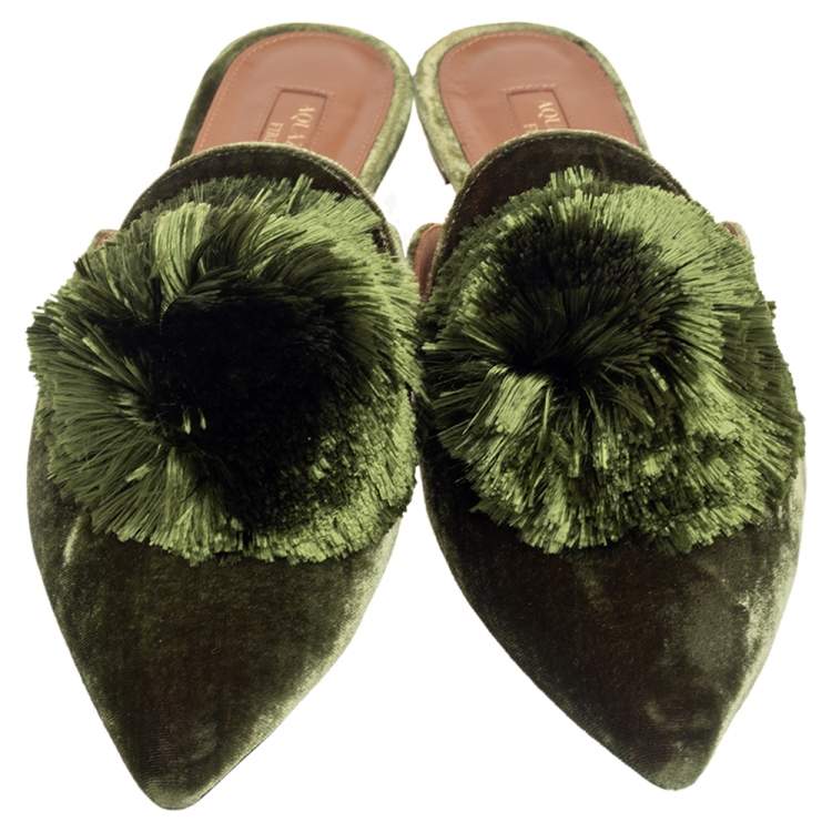 Pre Owned Aquazzura Dark Green Velvet Powder Puff Mule Sandals Size 38