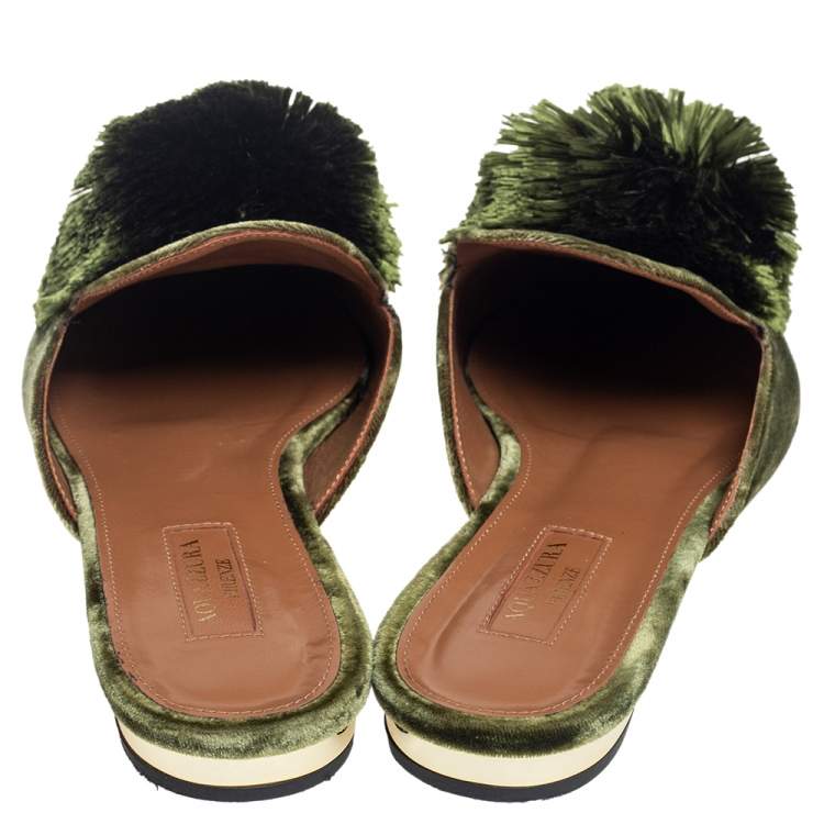Pre Owned Aquazzura Dark Green Velvet Powder Puff Mule Sandals Size 38