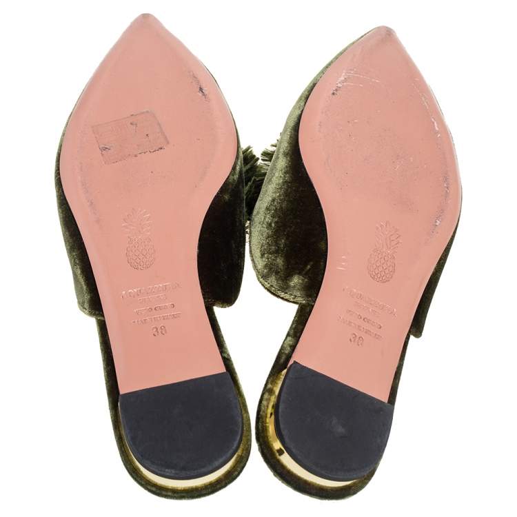 Pre Owned Aquazzura Dark Green Velvet Powder Puff Mule Sandals Size 38