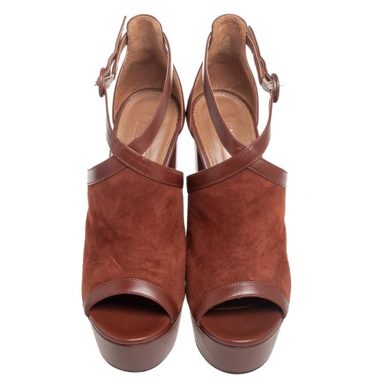 Pre Owned Aquazzura Brown Suede And Leather Kaya Platform Sandals Size 37