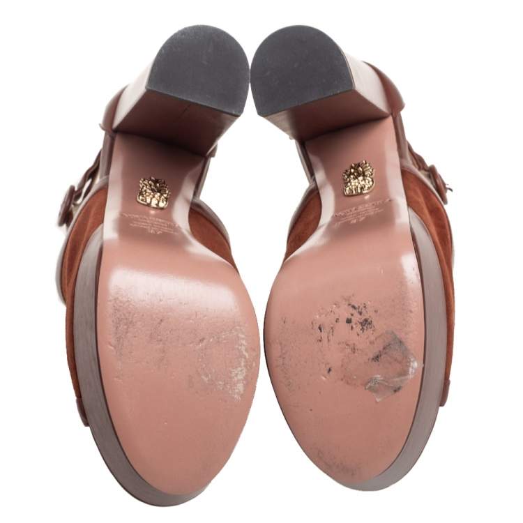 Pre Owned Aquazzura Brown Suede And Leather Kaya Platform Sandals Size 37