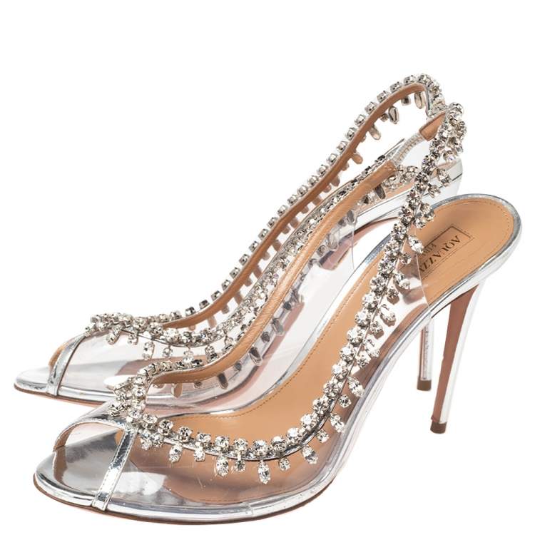 Pre Owned Aquazzura Silver PVC And Leather Temptation Crystal Sandals Size 40
