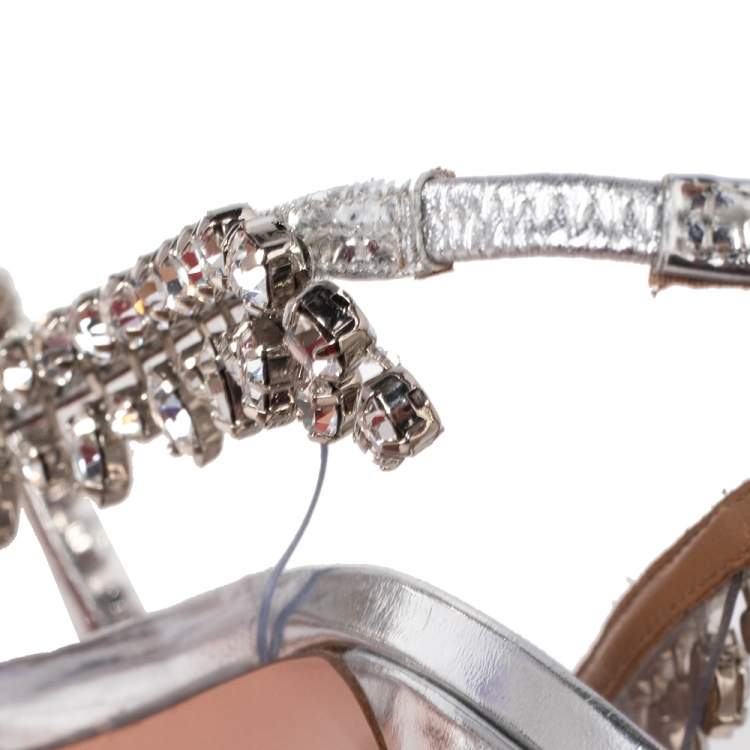 Pre Owned Aquazzura Silver PVC And Leather Temptation Crystal Sandals Size 40