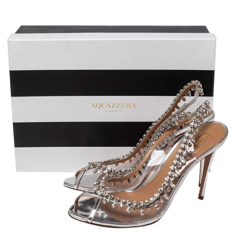 Pre Owned Aquazzura Silver PVC And Leather Temptation Crystal Sandals Size 40