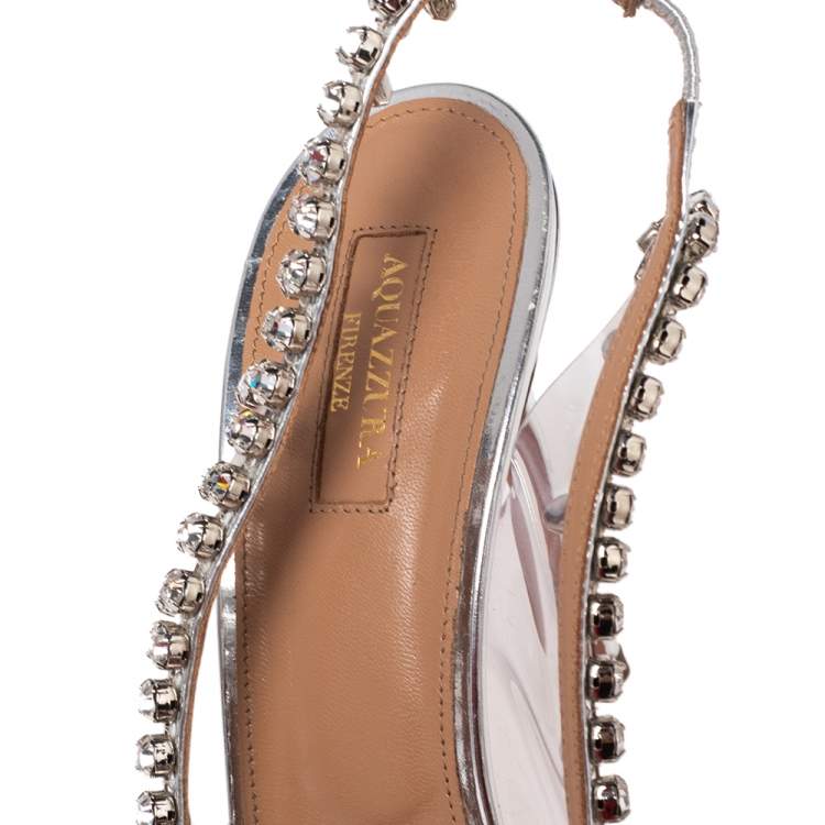 Pre Owned Aquazzura Silver PVC And Leather Temptation Crystal Sandals Size 40