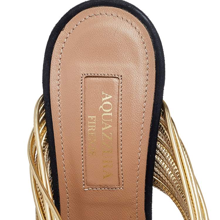 Pre Owned Aquazzura Black-Gold Suede And Leather Rendez Vous Mules Size 35