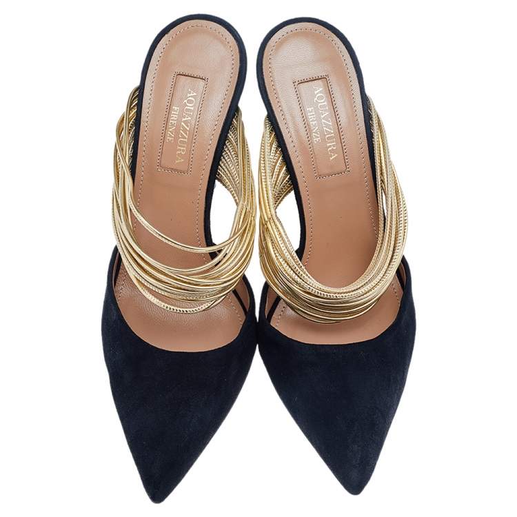 Pre Owned Aquazzura Black-Gold Suede And Leather Rendez Vous Mules Size 35
