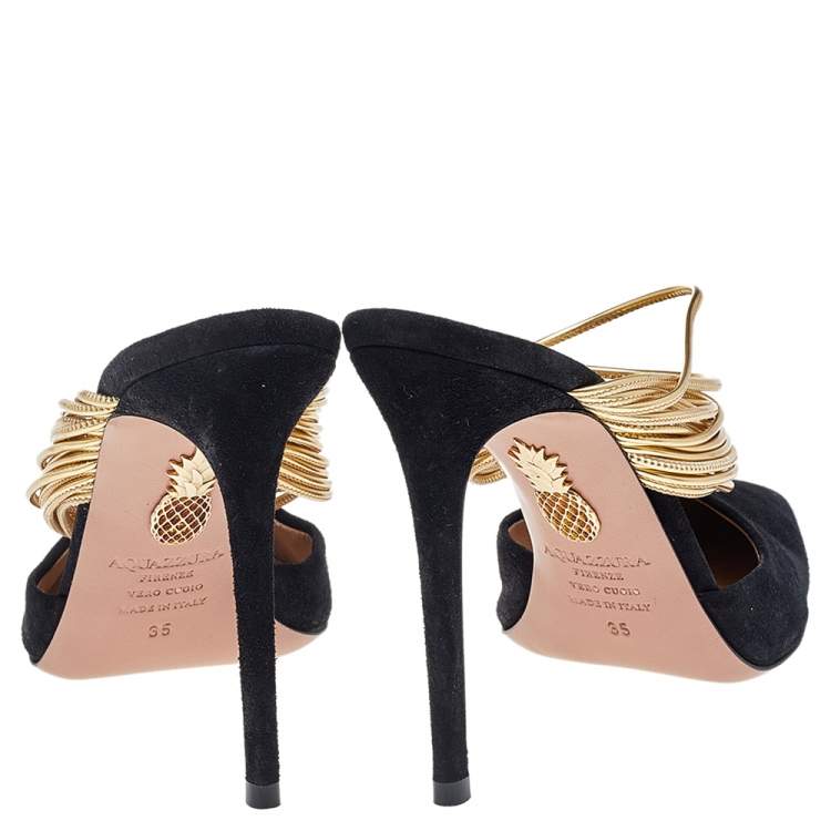 Pre Owned Aquazzura Black-Gold Suede And Leather Rendez Vous Mules Size 35