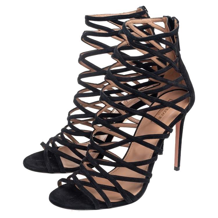 Pre Owned Aquazzura Black Suede Knockout Caged Sandals Size 40.5