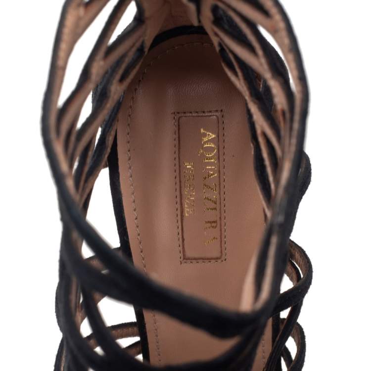 Pre Owned Aquazzura Black Suede Knockout Caged Sandals Size 40.5