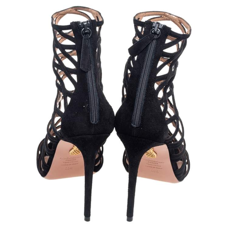 Pre Owned Aquazzura Black Suede Knockout Caged Sandals Size 40.5