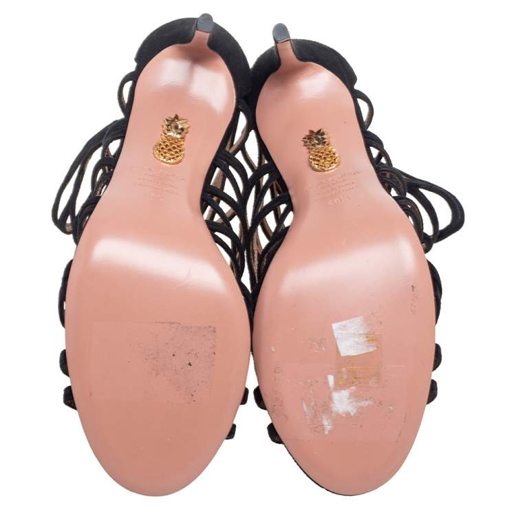 Pre Owned Aquazzura Black Suede Knockout Caged Sandals Size 40.5