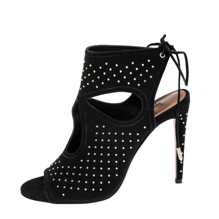 Pre Owned Aquazzura Black Suede Studded Sandals Size 38