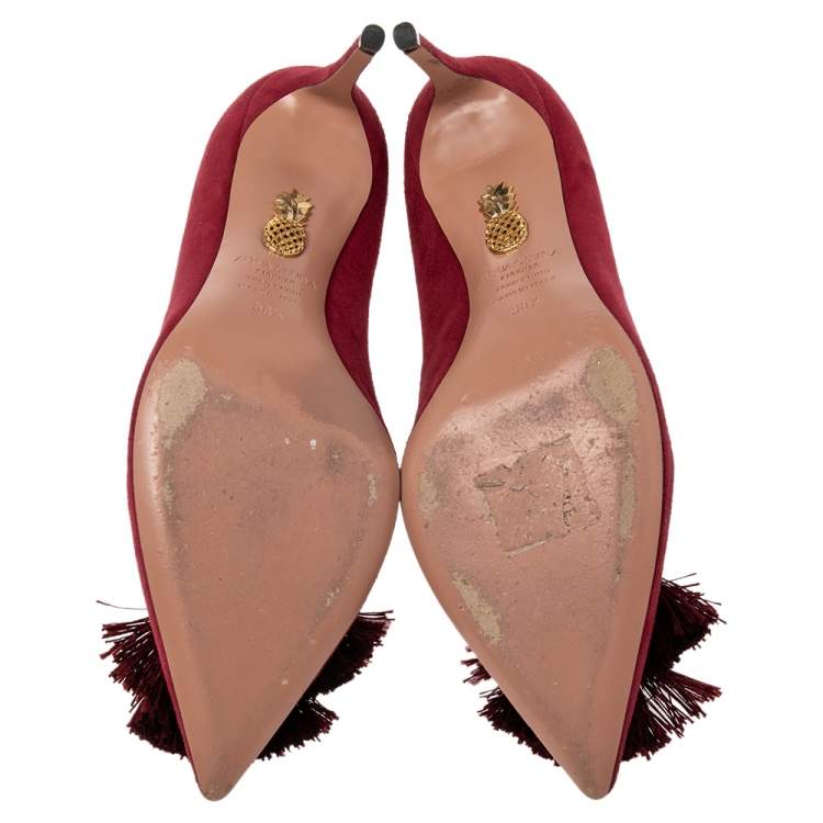 Pre Owned Aquazzura Pomegranate Red Suede Fringe Tie Pointed Toe Pumps Size 38.5