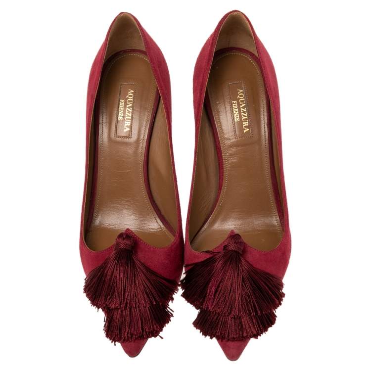 Pre Owned Aquazzura Pomegranate Red Suede Fringe Tie Pointed Toe Pumps Size 38.5