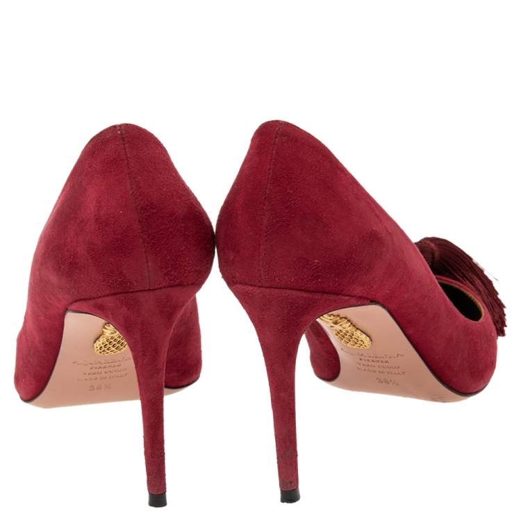 Pre Owned Aquazzura Pomegranate Red Suede Fringe Tie Pointed Toe Pumps Size 38.5