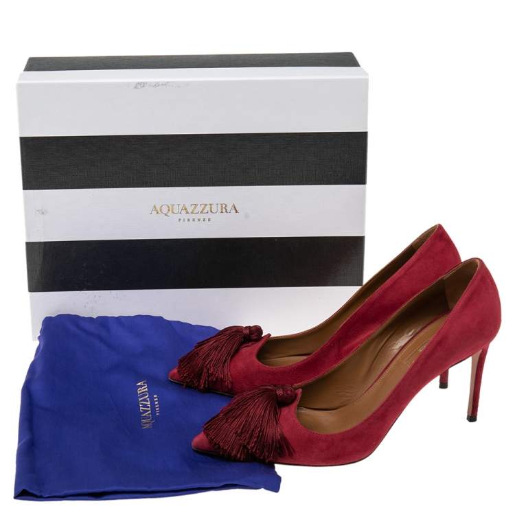 Pre Owned Aquazzura Pomegranate Red Suede Fringe Tie Pointed Toe Pumps Size 38.5