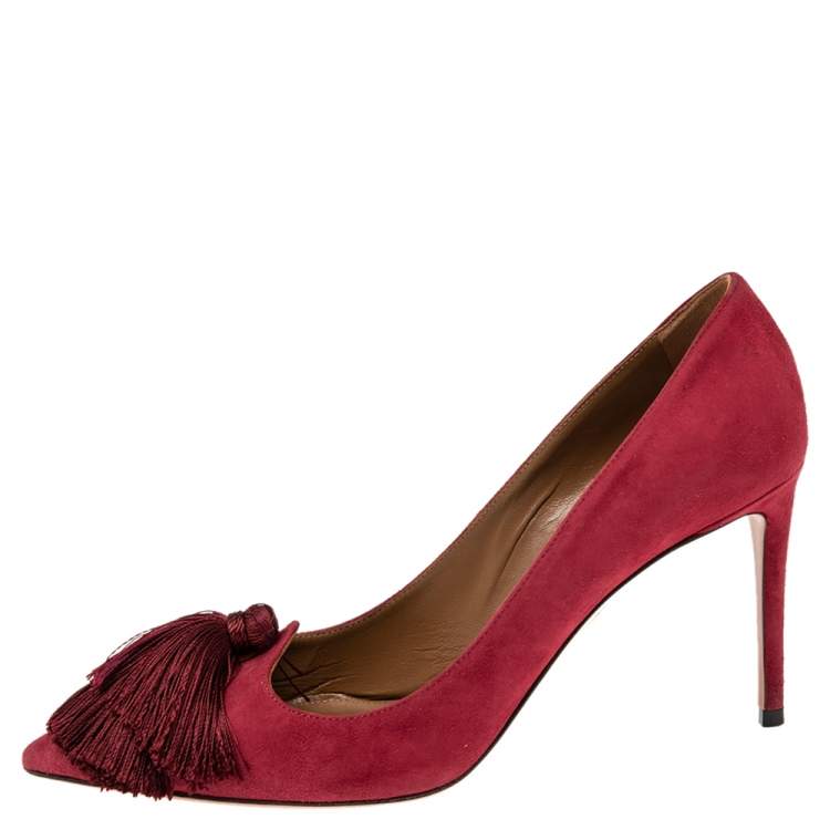Pre Owned Aquazzura Pomegranate Red Suede Fringe Tie Pointed Toe Pumps Size 38.5