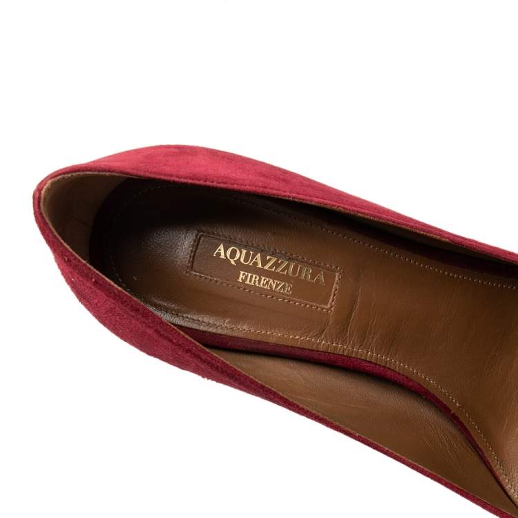 Pre Owned Aquazzura Pomegranate Red Suede Fringe Tie Pointed Toe Pumps Size 38.5