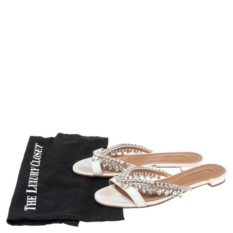 Pre Owned Aquazzura White Canvas Crystal Embellished Slide Sandals Size 38.5