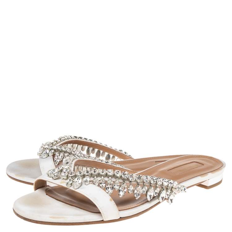 Pre Owned Aquazzura White Canvas Crystal Embellished Slide Sandals Size 38.5