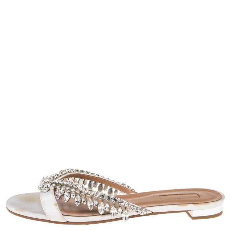 Pre Owned Aquazzura White Canvas Crystal Embellished Slide Sandals Size 38.5