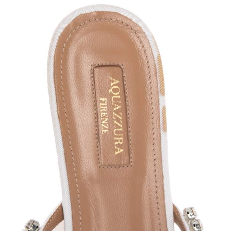 Pre Owned Aquazzura White Canvas Crystal Embellished Slide Sandals Size 38.5