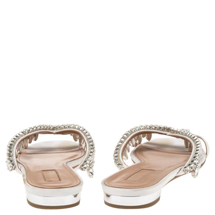 Pre Owned Aquazzura White Canvas Crystal Embellished Slide Sandals Size 38.5