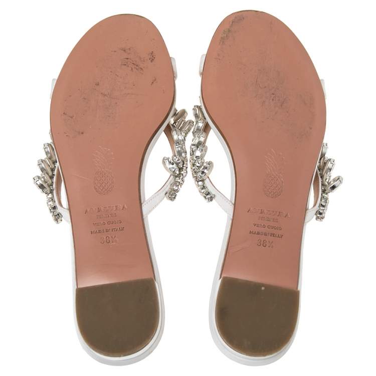 Pre Owned Aquazzura White Canvas Crystal Embellished Slide Sandals Size 38.5