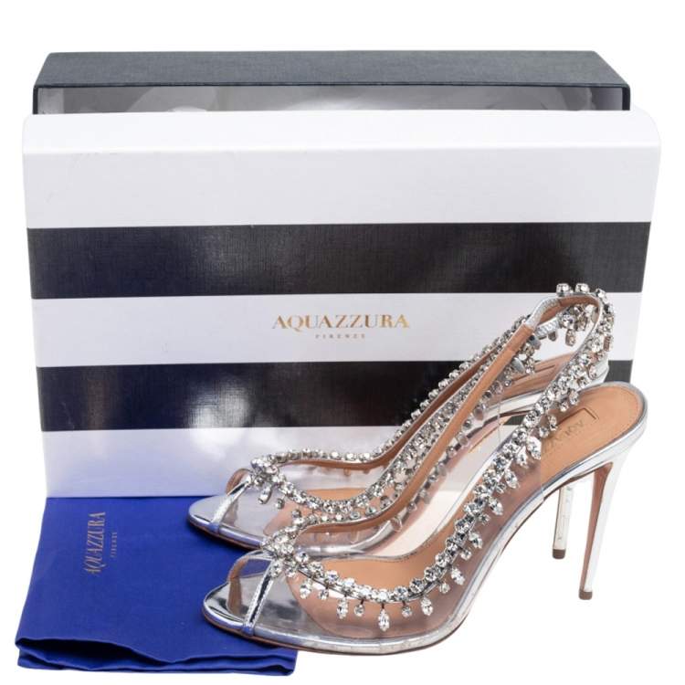 Pre Owned Aquazzura Silver PVC And Leather Crystal Embellished Temptation Sandals Size 38