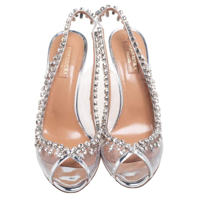 Pre Owned Aquazzura Silver PVC And Leather Crystal Embellished Temptation Sandals Size 38