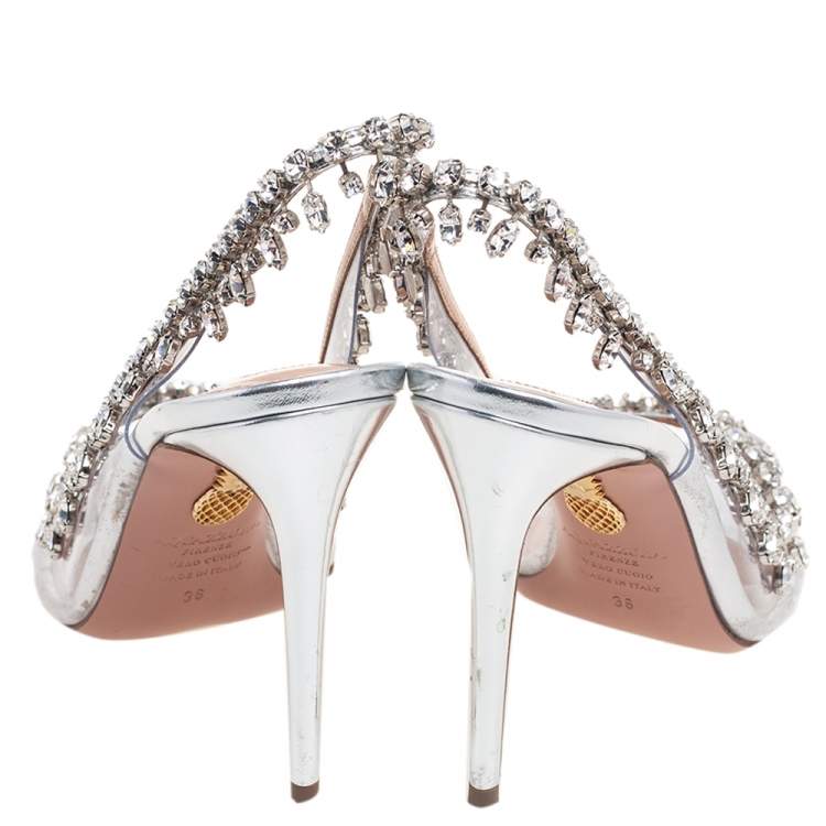 Pre Owned Aquazzura Silver PVC And Leather Crystal Embellished Temptation Sandals Size 38
