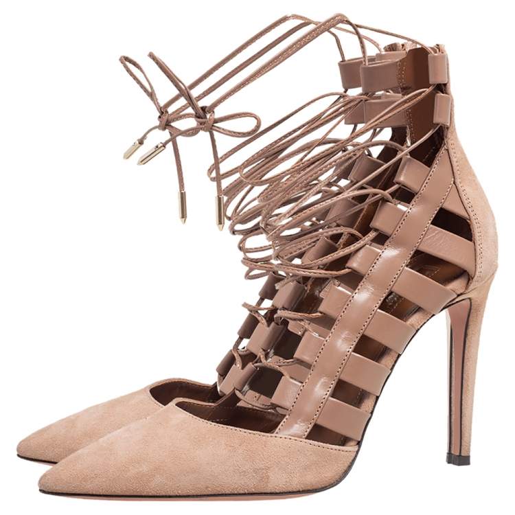 مملوكة مسبقًا Aquazzura Beige Suede and Leather Amazon Ankle Wrap Pumps Size 38