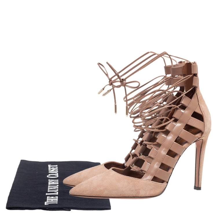 مملوكة مسبقًا Aquazzura Beige Suede and Leather Amazon Ankle Wrap Pumps Size 38