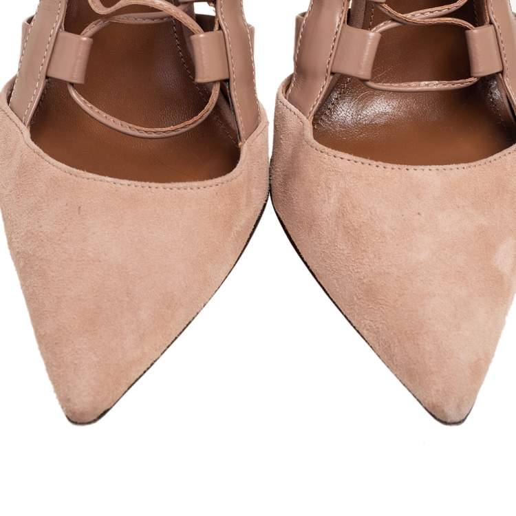 مملوكة مسبقًا Aquazzura Beige Suede and Leather Amazon Ankle Wrap Pumps Size 38