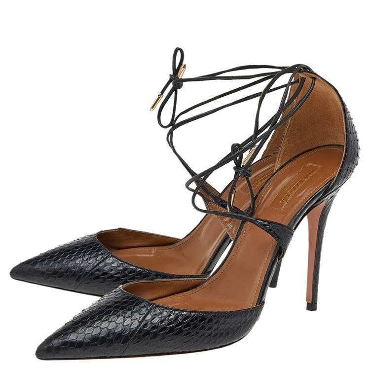 Pre Owned Aquazzura Black Python Embossed Leather Ankle Tie Up Pointed Toe Sandals Size 38.5