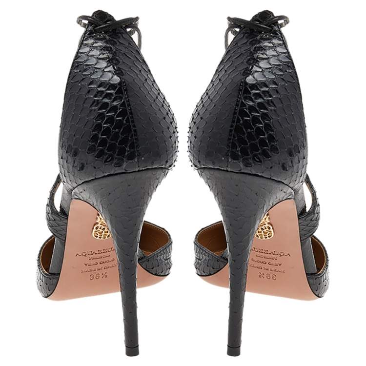 Pre Owned Aquazzura Black Python Embossed Leather Ankle Tie Up Pointed Toe Sandals Size 38.5