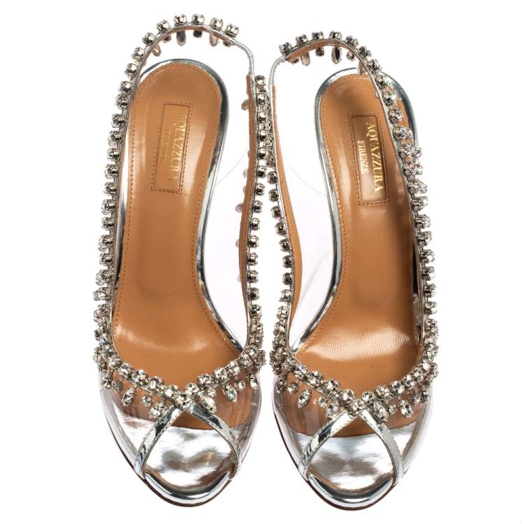 Pre Owned Aquazzura Silver PVC And Leather Temptation Crystal Sandals Size 37.5