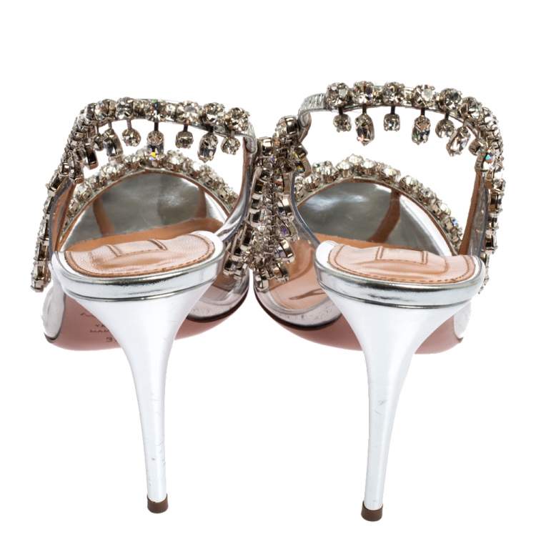 Pre Owned Aquazzura Silver PVC And Leather Temptation Crystal Sandals Size 37.5